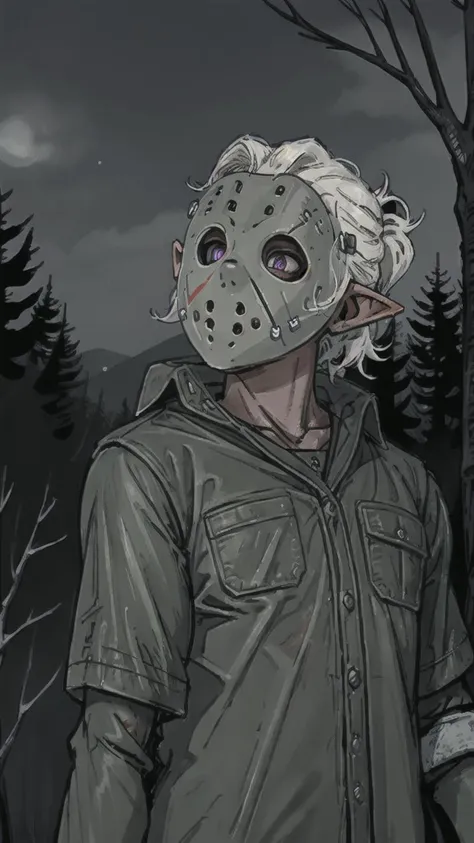 masterpiece, best quality, bright colors, J3YS, 1girl, Elf, Dark skin, white hair, purple eyes, dressed like Jason Voorhees, <lora:voorhees:0.8> forest, night time,