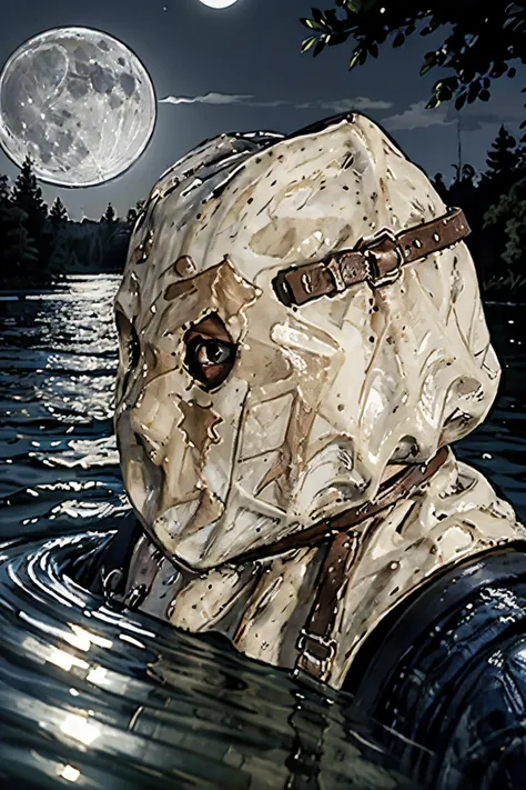 j2ys,sack over head,overalls, looking at viewer, close up portrait,
outside, lake, submerged in water, trees, moon, night, extreme detail, hdr, <lora:voorhees:.8>