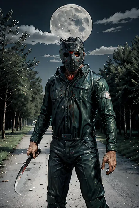 j3ys,hockey mask, green jumpsuit, red eyes, looking at viewer, medium shot, standing, holding a machete, outside, trees, moon, night, extreme detail, hdr, beautiful quality, <lora:voorhees:.8>