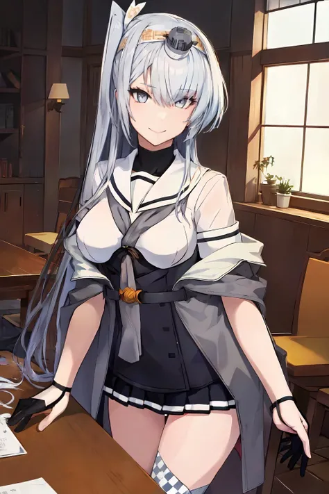 (masterpiece, best quality:1.4), (ultra-detailed:1.2), {illustration,picturesque}, {studio light, picturesque}, [best shadow],
(KonishiCSA)_(ShizumaCSA), (AlphaCDE:1.3)_(GammaCDE:1.15),
BREAK
(perfect anatomy), (symmetric eyes, ultra-detailed eyes, beautiful eyes), (sharp eyeliner, ultra-detailed face, beautiful face), (grey eyes),
BREAK
nice hands, perfect hands, hand by Guido Daniele,
BREAK
1girl, solo,
BREAK
FuyutsukiKC, (Fuyutsuki) uniform, (white) sailor collar, (grey) neckerchief, (white) hachimaki, (black) pleated skirt, ((black) half gloves:1.3), (checkered) thighhighs, (Fuyutsuki) thighhighs, (grey) shawl, (grey) knee boots, (short sleeves) serafuku, (grey) corset, microskirt,
BREAK
looking at viewer, (cowboy shot), facing to viewer, smile, (indoor, office, living room), (form above), sitting, chair, cross erlang legs, 
BREAK
<lyco:hands:1.0>, <lora:CSA-v0.2:0.55>, <lora:CSA-MLU:0.55>, <lora:CDE:0.7>, <lora:Fuyutsuki-10:1>