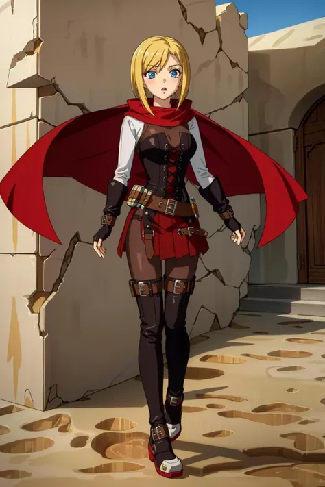 masterpiece,best quality,extremely detailed,samus aran, blonde hair, blue eyes,1girl, solo, <lora:RubyAtlas-05:0.9> atlasrose, red cape, pantyhose, belt, red skirt, corset, thigh boots, fingerless gloves, full body,desert, building,