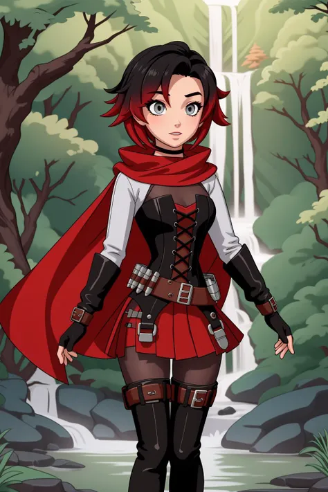 masterpiece, best quality, high quality, (1girl),solo,<lora:RubyAtlas:1>, ruby rose,atlasrose, black hair, gradient hair, grey eyes, red cape, white shirt, pantyhose, belt, red skirt, corset, thigh boots, fingerless gloves, foggy, waterfall, forest