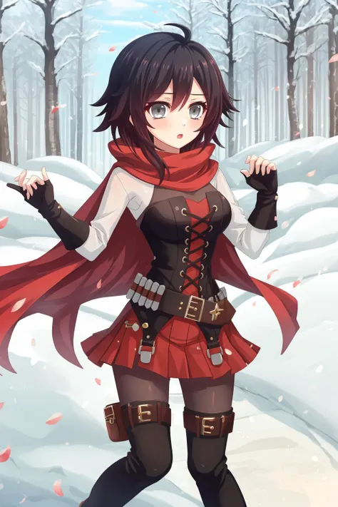 masterpiece, best quality, high quality, (1girl),solo,<lora:RubyAtlas:1>, ruby rose,atlasrose, black hair, gradient hair, grey eyes, red cape, white shirt, pantyhose, belt, red skirt, corset, thigh boots, fingerless gloves, <lora:Iselestia_style:0.5>, snow, snowy forest