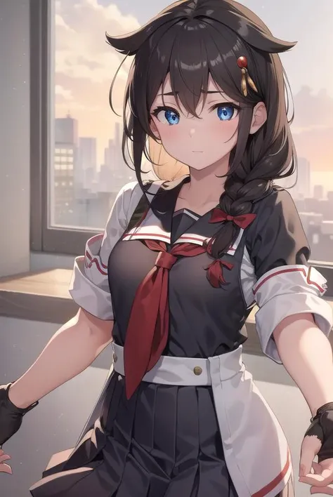 shigure, <lyco:shigure-lyco-nochekaiser:1>,
shigure, ahoge, brown hair, blue eyes, braid, hair ornament, hair over shoulder, long hair, single braid, hair flaps, (small breast:1.2),
BREAK black gloves, black serafuku, black shirt, black skirt, fingerless gloves, gloves, neckerchief, pleated skirt, red neckerchief, sailor collar, school uniform, serafuku, shirt, skirt, white sailor collar,
BREAK looking at viewer,
BREAK indoors, classroom,
BREAK <lyco:GoodHands-beta2:1>, (masterpiece:1.2), best quality, high resolution, unity 8k wallpaper, (illustration:0.8), (beautiful detailed eyes:1.6), extremely detailed face, perfect lighting, extremely detailed CG, (perfect hands, perfect anatomy),