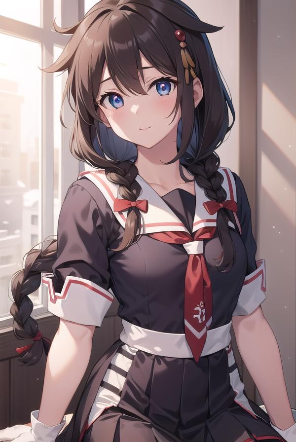 Anime girl with long hair and blue eyes sitting on a window sill ...