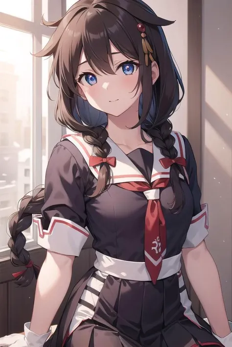 shigure, <lyco:shigure-lyco-nochekaiser:1>,
shigure, ahoge, brown hair, blue eyes, braid, hair ornament, hair over shoulder, long hair, single braid, hair flaps, (small breast:1.2),
BREAK black gloves, black serafuku, black shirt, black skirt, fingerless gloves, gloves, neckerchief, pleated skirt, red neckerchief, sailor collar, school uniform, serafuku, shirt, skirt, white sailor collar,
BREAK looking at viewer,
BREAK indoors, classroom,
BREAK <lyco:GoodHands-beta2:1>, (masterpiece:1.2), best quality, high resolution, unity 8k wallpaper, (illustration:0.8), (beautiful detailed eyes:1.6), extremely detailed face, perfect lighting, extremely detailed CG, (perfect hands, perfect anatomy),