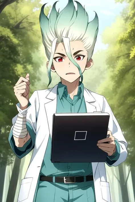 masterpiece, highres, 1boy, upperbody, senkuR4, solo, red eyes, green hair, multicolored hair, bandage arm, forest <lora:SenkuR4:0.7>, white shirt, lab, lab coat, holding