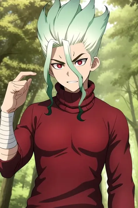 masterpiece, highres, 1boy, upperbody, senkuR4, solo, red eyes, green hair, multicolored hair, bandage arm, forest <lora:SenkuR4:0.7>, red sweater