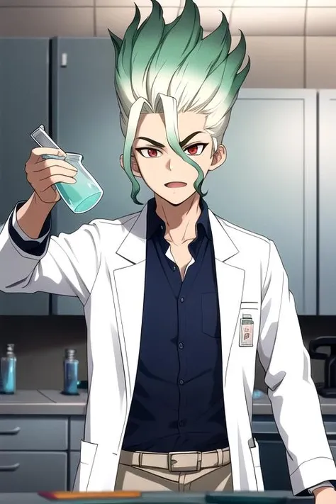 masterpiece, highres, 1boy, upperbody, senkuR4, solo, red eyes, green hair, multicolored hair, <lora:SenkuR4:0.7>, white shirt, lab, lab coat, holding