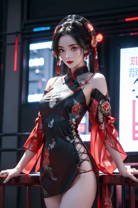 <lora:CrossLacedBikiniV1:0.7>,cross-laced bikini,<lora:cyberhanfu_v1:0.65>,cyberhanfu,cheongsam,chinese_clothes,cyberpunk,mechanical parts,cowboy shot,, (masterpiece, best quality, high quality, highres, ultra-detailed),