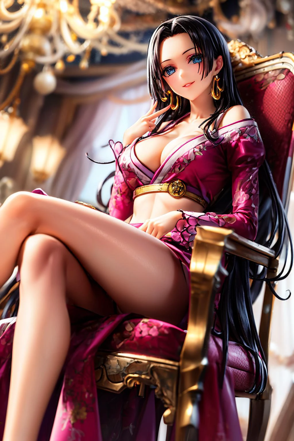masterpiece, ultra detailed background, complex detailed background, delicate pattern, intricate detail, highly detailed, fine details, best quality, beautiful lighting, 4K, 8K, beautiful detailed eyes, glowing eyes, shine eyes, medium breasts,
from below, looking at viewer, sitting, (crossed legs:1.2), (proud smile:1.2), (hand on cheek:1.2),
solo, long hair, black hair, sidelocks, forehead, parted bangs, hair lift, closed lips, deep blue eyes,
jewelry, earrings, crop top, deep V-neck, naked neck, long sleeves, (attached sleeves:1.3), red sleeves, puffy sleeves, (covered shoulders:1.5), long skirt, side slit, stomach, midriff, pink obi, red high heels,
indoor, bright environment, castle, chandelier, (gold chair:1.3), king's chair, throne,
<lora:BoaHancockOP_NDV:1>, BoaHancockOP_NDV,
<lora:detail_slider_v4:1>,
<lora:more_details:0.4>,
<lora:zoom_slider_v1:-1>,
<lora:GoodHands-vanilla:1>,
<lora:shou-v50:0.2>