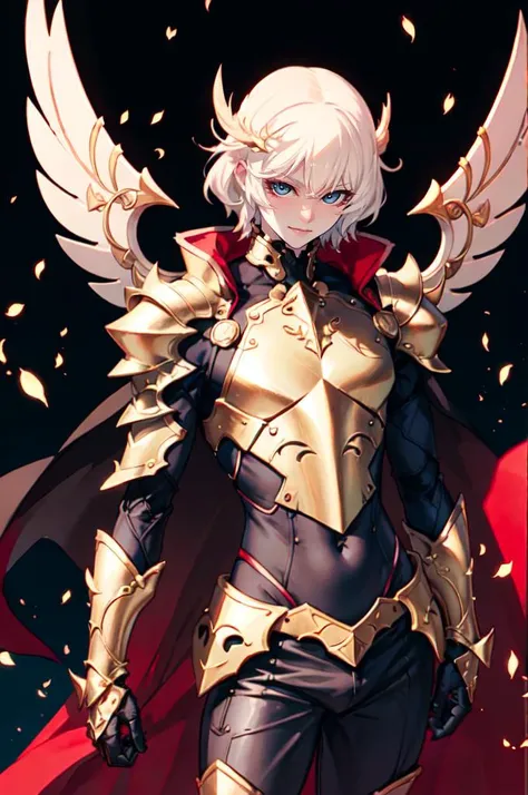 <lora:ban!_locon_v2_5e4_32d_16c:1> (red theme:1.2),, absurdres, ultra detailed, masterpiece, best quality, aesthetic, detailed,, solo, smile, 1boy, blue eyes, medium blonde hair, parted bangs, hair intakes, male focus, muscular male,, armor, pauldrons, cuirass, gauntlets, waist cape, greaves, black bodysuit, surcoat, shoulder sash, wing shoulder armor, cape, pants,