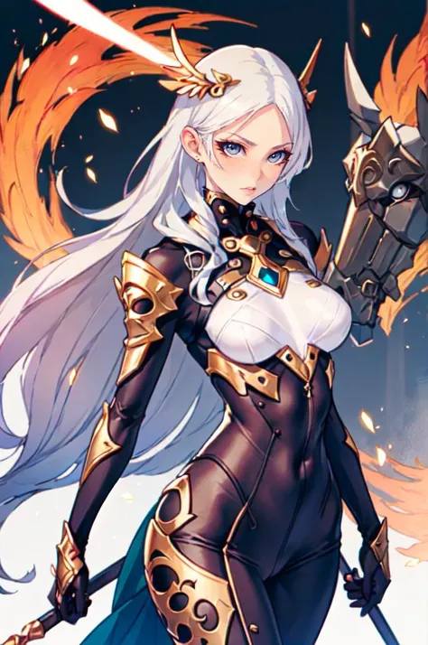 <lora:ban!_locon_v2_5e4_32d_16c:1>, absurdres, ultra detailed, masterpiece, best quality, aesthetic, detailed,, serious, 1girl, (white eyes:1.1), (grey eyes:1.3), white hair, very long hair, parted hair, parted bangs, <lora:parted_hair_v1.3:1.3>, medium breasts,, valkyrie, (bodysuit:1.1), pink wing hair ornament, grey armored skirt, black bodysuit, armor, gauntlets, pink breastplate, greaves, armored dress, pink hues,