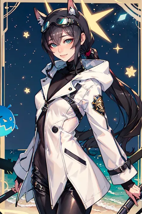 <lora:ban!_locon_v2_5e4_32d_16c:1>, absurdres, ultra detailed, masterpiece, best quality, aesthetic, detailed,, katya1, solo, smile, 1girl, aqua eyes, black hair, <lora:low_ponytail-1.0:0.7> low ponytail, ahoge, absurdly long hair, very long hair, hair flaps, hair between eyes, bangs, crossed bangs, messy hair, small breasts, goggles on head, closed mouth,, hooded coat, open coat, turtleneck, pants, black knee boots, multiple straps, white coat, layered clothes, hair ribbon, pants under skirt,