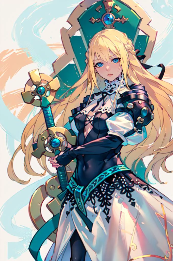 straight-on,(planted sword, hands on hilt:1.4), throne room, standing, <lora:yggdraunion_artwaltz:1> yggdra yuril artwaltz, blue eyes, blonde hair, hair ribbon, dress, armor, <lora:ban!_locon_v2_5e4_32d_16c:1>, absurdres, ultra detailed, masterpiece, best quality, aesthetic, detailed,