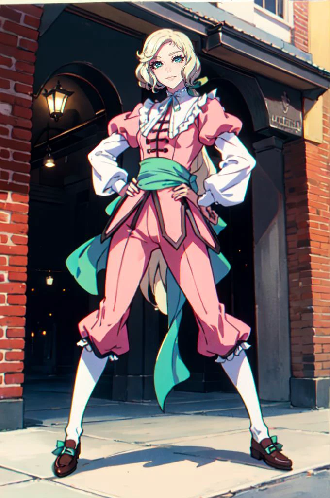 solo, cowboy shot, smile, hands on own hips, <lora:CastlevaniaMaria-v1:0.6> ChopioMaria, blue eyes, blonde hair, very long hair, wavy hair, eyelashes, ||outfit_1, green hair ribbon, low ponytail, pink dress, white collar, pilgrim collar, white ribbon, frills, puffy sleeves, juliet sleeves, green sash, pink pants, layered pants, shoes, brown footwear, <lora:ban!_locon_v2_5e4_32d_16c:1>, absurdres, ultra detailed, masterpiece, best quality, aesthetic, detailed,