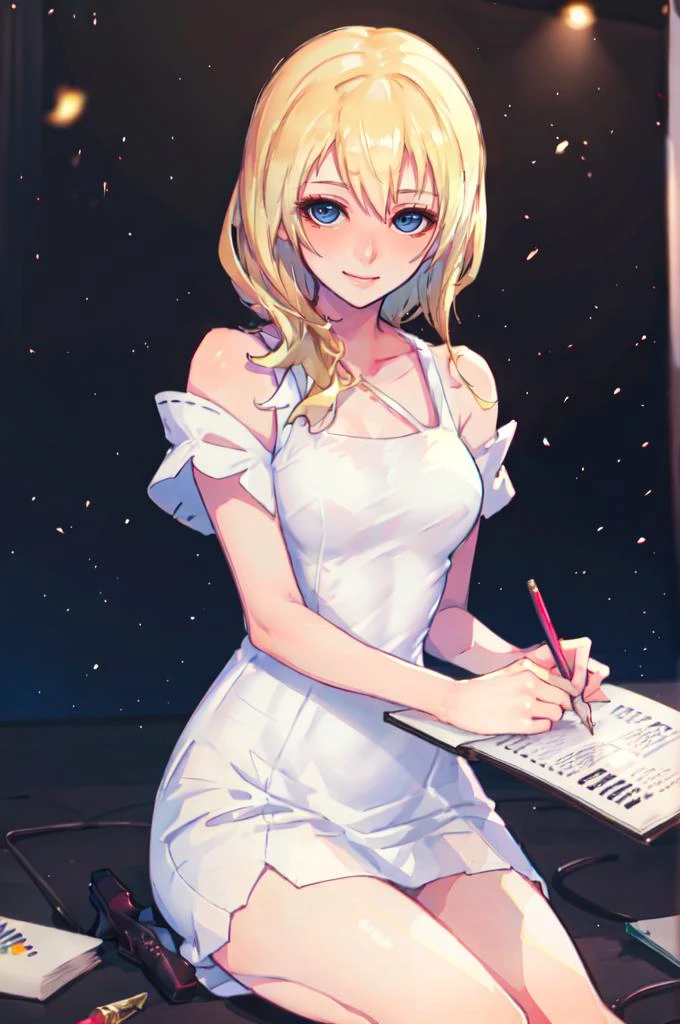 sitting, smile, holding pencil, <lora:namine_v1:0.7> aanamine, blonde hair, bare shoulders, white dress, <lora:ban!_locon_v2_5e4_32d_16c:1>, absurdres, ultra detailed, masterpiece, best quality, aesthetic, detailed,