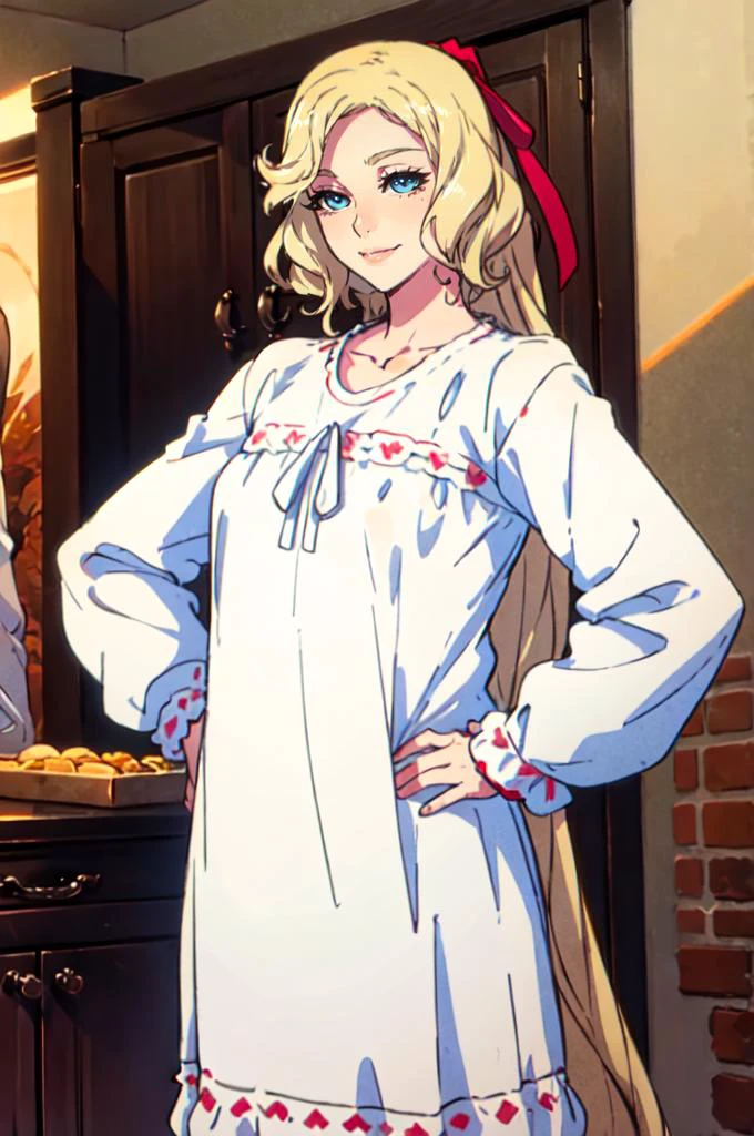 solo, cowboy shot, smile, hands on own hips, <lora:CastlevaniaMaria-v1:0.6> ChopioMaria, blue eyes, blonde hair, very long hair, wavy hair, eyelashes, outfit_2, red hair ribbon, sleepwear, white nightgown, white ribbon, puffy long sleeves, sleeves past wrists, <lora:ban!_locon_v2_5e4_32d_16c:1>, absurdres, ultra detailed, masterpiece, best quality, aesthetic, detailed,