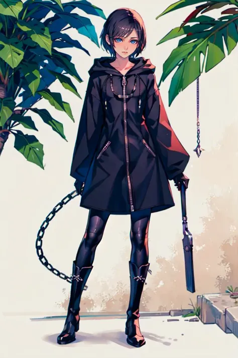 straight-on, solo,  <lora:xion_(kingdom_hearts)_1:0.7> aaxion, short hair, hood, black coat, hooded coat, zipper, long sleeves, black pantyhose, black gloves, black knee boots,  <lora:ban!_locon_v2_5e4_32d_16c:1>, absurdres, ultra detailed, masterpiece, best quality, aesthetic, detailed,