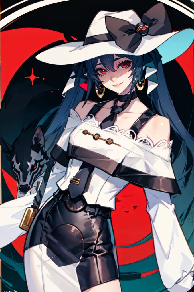 <lora:mikudark:0.85> akumiku, red eyes, twintails, blue hair, very long hair, hat, jewelry, earrings, necktie, gloves, choker, dress, bare shoulders, belt, long sleeves, bar \(place\), art deco, smile, low light, <lora:ban!_locon_v2_5e4_32d_16c:1>, absurdres, ultra detailed, masterpiece, best quality, aesthetic, detailed,