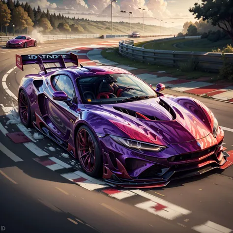 masterpiece, absurdres, extremely detailed, detailed eyes, <lora:Madeofwaterai:0.6>, madeofwaterai, purple red water, sports car, racing past, in motion, day, volumetric lighting,