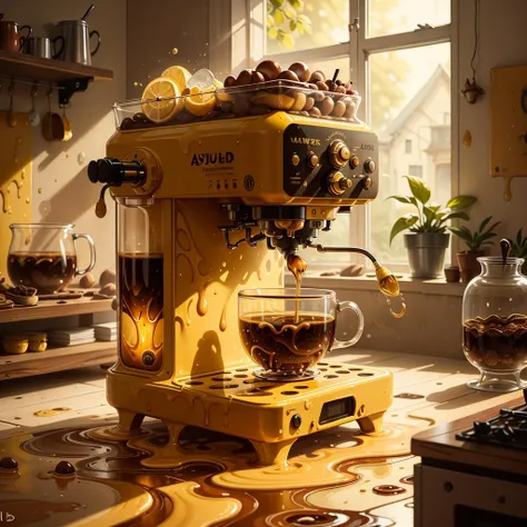 masterpiece, absurdres, extremely detailed, <lora:Madeofwaterai:0.6>, madeofwaterai, yellow water, coffee machine, day, volumetric lighting,