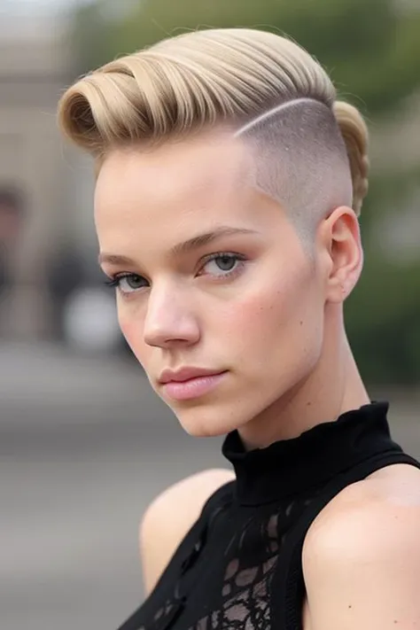 tomboyv7 a beautiful blonde woman a close up photo, ((hi-top fade hair style))