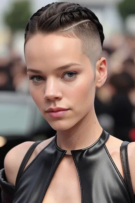 tomboyv7 a beautiful woman a close up photo, ((hi-top fade hair style))