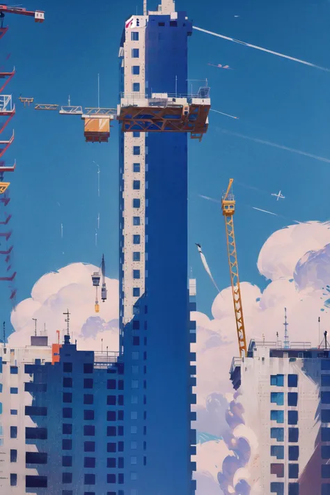 oboro,blue theme, sky, blue sky, cloud, outdoors, day, building, no humans, scenery, sign, traffic light, road sign, city, aircraft, power lines, utility pole, solo, cloudy sky, crane \(machine\), contrail, ground vehicle, skyscraper, lamppost, cityscape,<lora:oboro-pynoiseloha-000008:1>