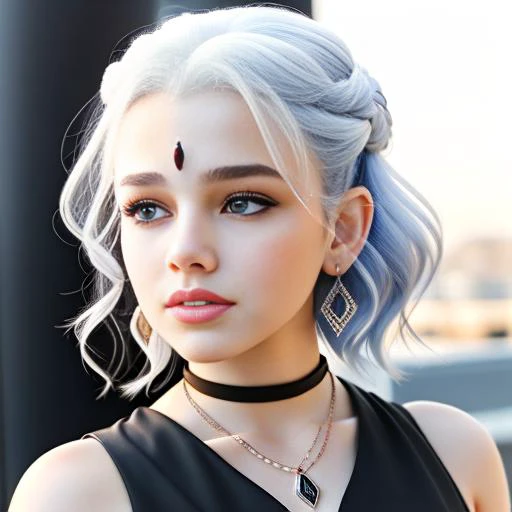 perfect beautiful young, 19 years old rachelroth with white hair, black lipstick, dark eyeshadow, Realism, Denoise, Edge Lighting, Volumetric Lighting, Volumetric Light, Volumetric, (8k resolution), 8k, 8kres, 8k res, "Hands in Hair Pose, Highlights the hair and adds a touch of playfulness", "Modern Architecture: Unique buildings, sleek designs, and contemporary aesthetics"