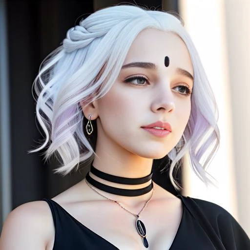 perfect beautiful young, 19 years old rachelroth with white hair, black lipstick, dark eyeshadow, Realism, Denoise, Edge Lighting, Volumetric Lighting, Volumetric Light, Volumetric, (8k resolution), 8k, 8kres, 8k res, "Hands in Hair Pose, Highlights the hair and adds a touch of playfulness", "Modern Architecture: Unique buildings, sleek designs, and contemporary aesthetics"