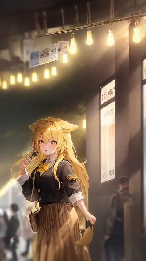 (golden_retriever_dog_girl), yellow_haired, , blue_hair_ornament, light_yellow_hair，light_yellow_hanging_eared_dog, light_yellow_dog_ear,low_ear ，lop_ear，sdouble_tail,yellow_dog_tai, ,body_writing,，long_blonde_hair, dog_ears,Big_yellow_ eyes,stars_in_them

hair_ omament, ribbons, bowties, buttons， pleated skirt

the old street, singing, ,In shadow, (beautiful detailed eyes), ((beautiful detailed sky)),spectator,Beautiful Japanese streets,Metro Station,Look into the distance, ,Population background,Backlight


((chromatic aberration)), ((caustic)), lens flare, dynamic angle, , asymmetrical bangs, ((colorful refraction)), ((dark intense shadows)), ((cinematic lighting)), ((overexposure)), ((sharp focus)), ((extremely detailed)), colorful