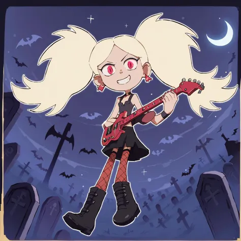 <lora:pantystocking-PDXL:0.5> p&s style, score_9, score_8 or higher, masterpiece, <lora:Davids_Marra:1> marra, fair skin, flat chest, petite body, blonde hair, twin tails, (((playing electric guitar))), smiling, looking at viewer, heavy metal fashion, floating, bats in the background, graveyard background, moonlit night, sharp, thick outlines 0.7, good anatomy, glowing red eyes 0.3, wind blowing hair 0.3, boots, metal studs, fishnets, earrings, skirt, five fingered