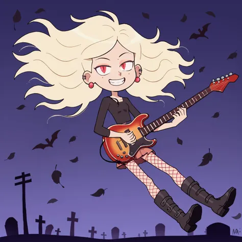 <lora:pantystocking-PDXL:0.4> p&s style, score_9, score_8 or higher, masterpiece, <lora:Davids_Marra:1> marra, fair skin, flat chest, petite body, blonde hair, ((playing electric guitar)), electric guitar, smiling, looking at viewer, heavy metal fashion, floating, bats in the background, graveyard background, moonlit night, sharp, thick outlines 0.7, good anatomy, glowing red eyes 0.3, wind blowing hair 0.3, boots, metal studs, fishnets, earrings, skirt, leaves blowing in the wind 0.5