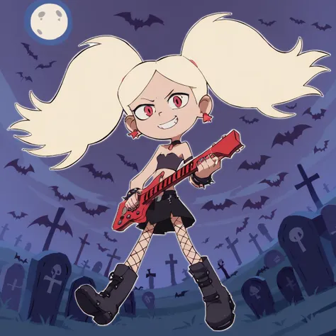 <lora:pantystocking-PDXL:0.5> p&s style, score_9, score_8 or higher, masterpiece, <lora:Davids_Marra:1> marra, fair skin, flat chest, petite body, blonde hair, twin tails, (((playing electric guitar))), smiling, looking at viewer, heavy metal fashion, floating, bats in the background, graveyard background, moonlit night, sharp, thick outlines 0.7, good anatomy, glowing red eyes 0.3, wind blowing hair 0.3, boots, metal studs, fishnets, earrings, skirt, five fingered