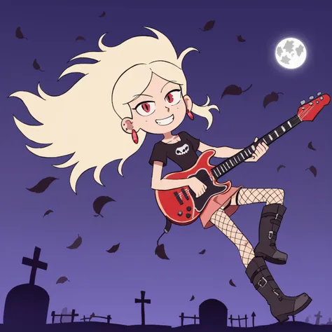 <lora:pantystocking-PDXL:0.4> p&s style, score_9, score_8 or higher, masterpiece, <lora:Davids_Marra:1> marra, fair skin, flat chest, petite body, blonde hair, ((playing electric guitar)), electric guitar, smiling, looking at viewer, heavy metal fashion, floating, bats in the background, graveyard background, moonlit night, sharp, thick outlines 0.7, good anatomy, glowing red eyes 0.3, wind blowing hair 0.3, boots, metal studs, fishnets, earrings, skirt, leaves blowing in the wind 0.5