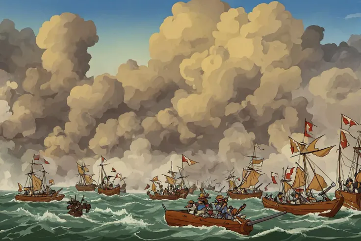 battle, fleet_action, gun smoke, duel, fog of war, lifeboats,