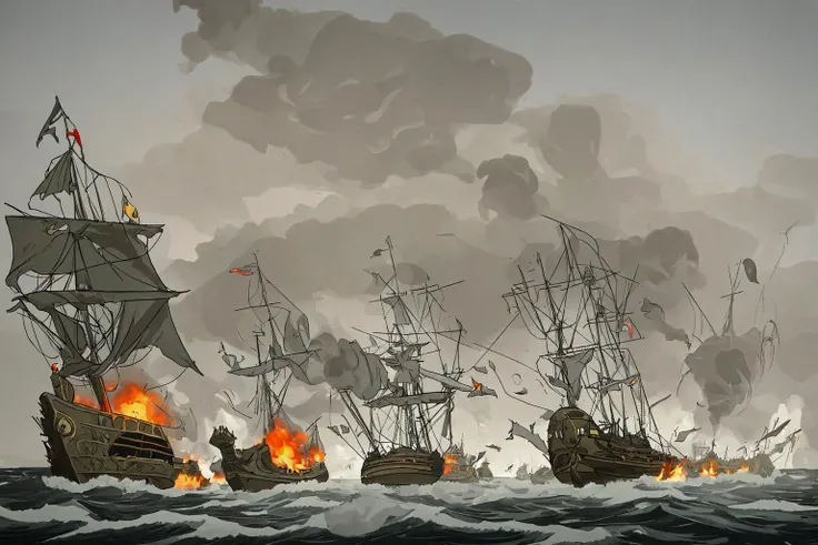 battle, fleet_action, gun smoke, fog of war, burning_ship,