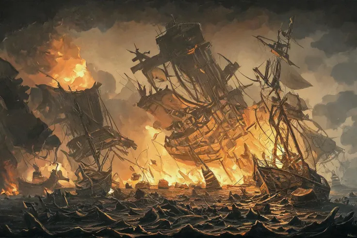battle, burning ships, night action, wreckage, heavy seas, oil painting