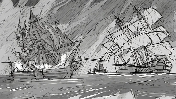 <lora:Age_Of_Sail_Battle_Painting:0.7> (sketch:1.4), line art, monochrome, sea, battle, fleet action, burning ships