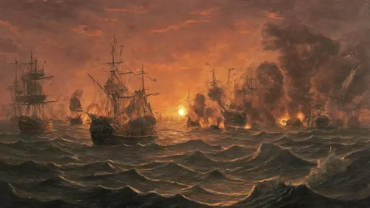 <lora:Age_Of_Sail_Battle_Painting:0.7> sea, battle at sunset, fleet action, burning ships, flames, smoke, gunpowder smoke,