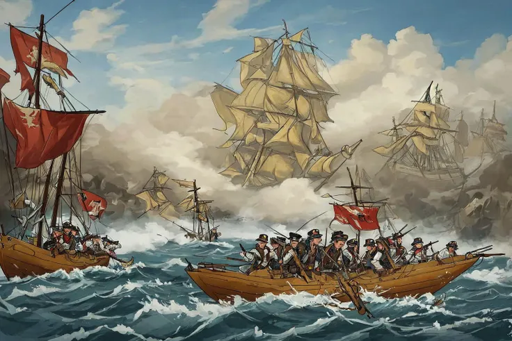 battle, fleet_action, gun smoke, duel, fog of war, lifeboats,