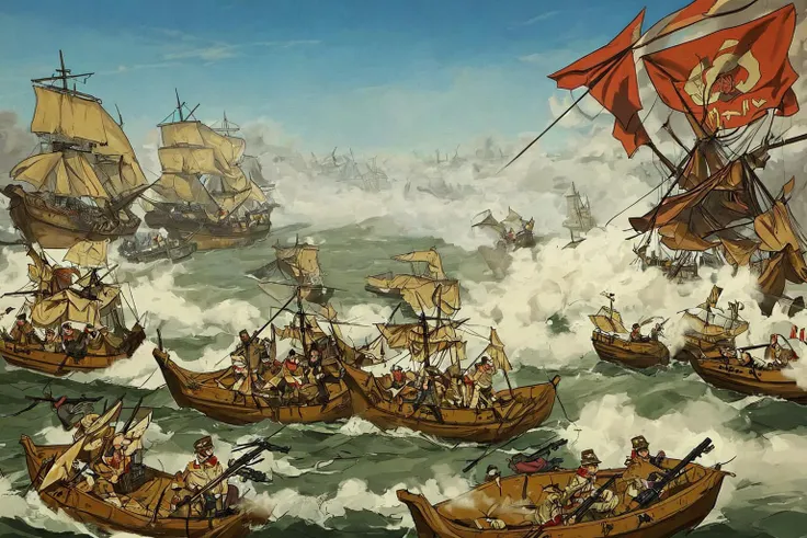 battle, fleet_action, gun smoke, duel, fog of war, lifeboats,
