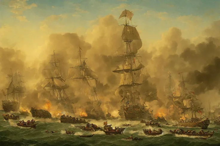 battle, fleet_action, gun smoke, duel, fog of war, lifeboats,