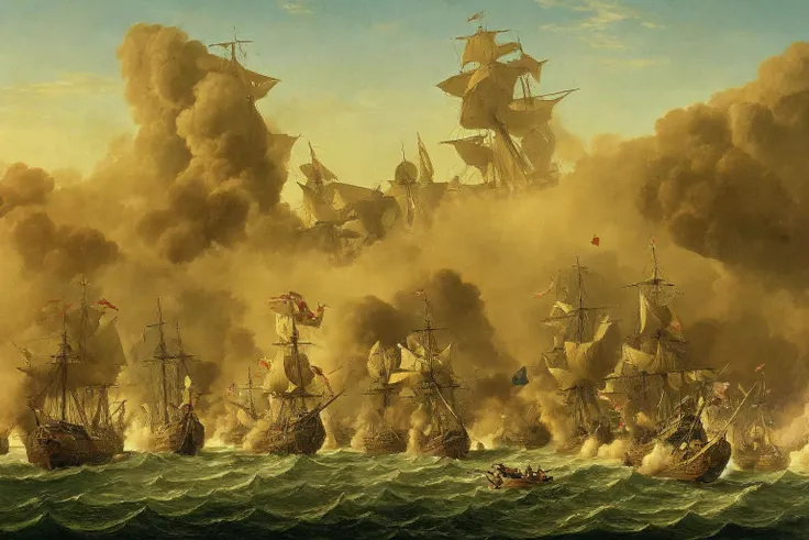 battle, fleet_action, gun smoke, duel, fog of war, lifeboats,