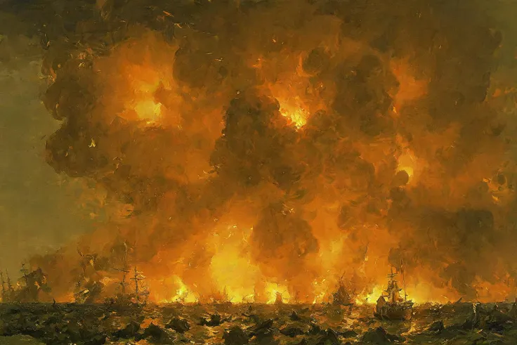 battle, fleet_action, gun smoke, night_action, burning_ship, explosion, ((in the style of constable))