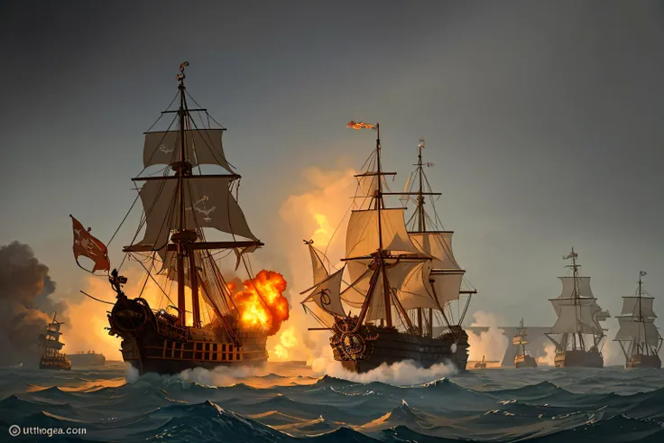 pirate ship, ocean, high seas, weather, epic sea battle, gun smoke, fog of war, ultra-detailed, highly-realistic, burning ships
<lora:Age_Of_Sail_Battle_Painting:0.6>
