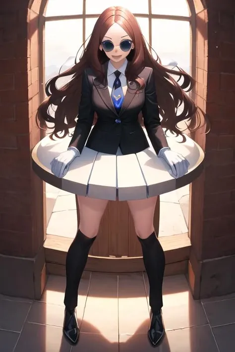 best quality, masterpiece, highres, solo, {black business suit:1.40}, {tie:1.20}, {sunglasses:1.25}, {white gloves:1.15}, {white shirt:1.10}, {black skirt:1.15}, {smoking:1.20}, handsome, {leonardo_da_vinci_fgo:1.15}, long_hair, brown_hair, bangs, blue_eyes, parted_bangs, smile, breasts, blush, forehead