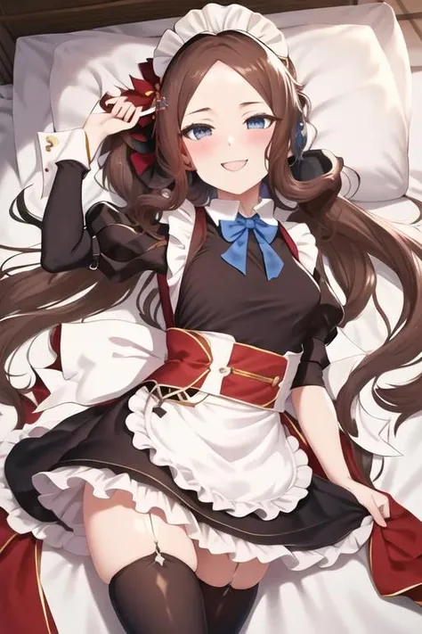 best quality, masterpiece, highres, solo, {leonardo_da_vinci_fgo:1.15}, long_hair, brown_hair, bangs, blue_eyes, parted_bangs, smile, breasts, blush, forehead, 1girl, apron, black_dress, dress, looking_at_viewer, maid, maid_headdress, ponytail, puffy_short_sleeves, puffy_sleeves, short_sleeves, small_breasts, white_apron, black_bow, bow, hair_bow, lying, on_back, white_bow, black_thighhighs, open_mouth, puff_and_slash_sleeves, thighhighs, thighs