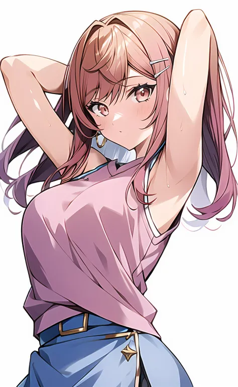 1girl, Ichijou Ririka, sleeveless sweater, blue skirt, pink sweater, bare shoulders, bare arms, arms up, arms behind head, armpits <lora:KitsuneAi-IchijouRirika-LoCon32-V0_1:0.6>